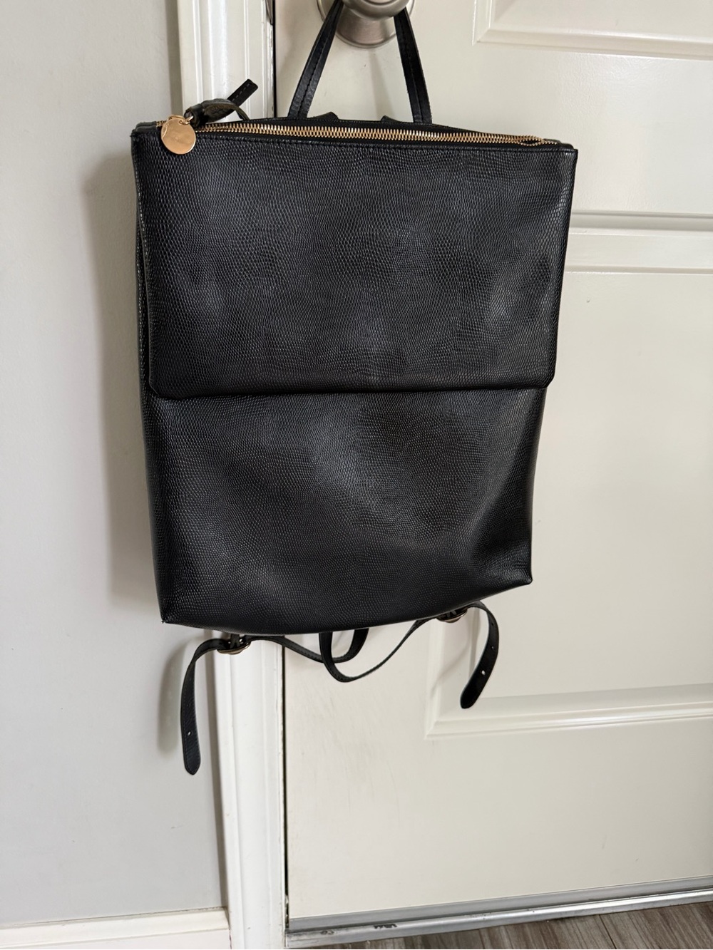 Clare V Structured Black Leather Backpack for Laptop with Gold Zipper